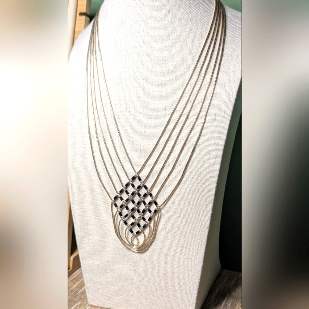 Vintage Sterling Silver Fringe Multi Stand Necklace with Black Glass Beads